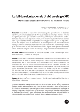 La Fallida Colonización De Urabá En El Siglo XIX the Unsuccessful Colonization of Urabá in the Nineteenth Century