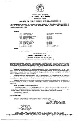 RESOLUTION NO 99-2017 (Motioned by SP Mem