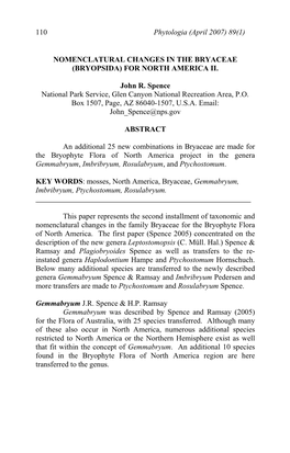 Nomenclatural Changes in the Bryaceae (Bryopsida) for North America Ii