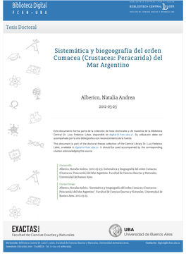 Sistemática Y Biogeografía Del Orden Cumacea (Crustacea: Peracarida) Del Mar Argentino