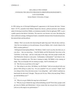 CINEMA 12 76 the AFRICAN TWIN TOWERS UNVEILING the CREATIVE PROCESS in CHRISTOPH SCHLINGENSIEF's LATE FILM WORK Jeremy Hamers