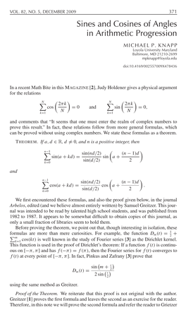 Sines and Cosines of Angles in Arithmetic Progression