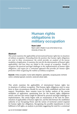 Human Rights Obligations in Military Occupation Noam Lubell Noam Lubell Is Reader in Law at the School of Law, University of Essex, UK