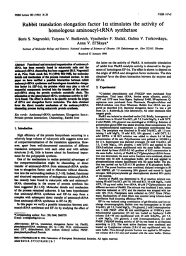 Rabbit Translation Elongation Factor L Stimulates the Activity of Homologous Aminoacyl-Trna Synthetase Boris S