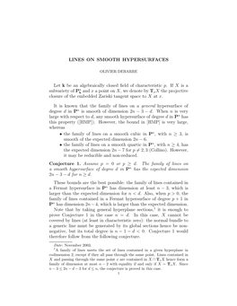 LINES on SMOOTH HYPERSURFACES Let K Be an Algebraically Closed Field of Characteristic P. If X Is a Subvariety of Pn K and X