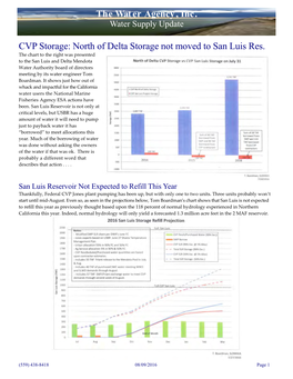 North of Delta Storage Not Moved to San Luis Res