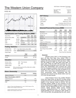 The Western Union Company June 9, 2017 Dow Jones Indus: 21,271.97 S&P 500: 2,431.77 NYSE: WU Russel 2000: 1,421.71 Index Component: S&P 500