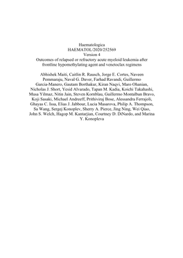 Outcomes of Relapsed Or Refractory Acute Myeloid Leukemia After Frontline Hypomethylating Agent and Venetoclax Regimens