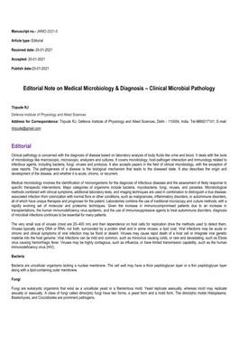 Editorial Note on Medical Microbiology & Diagnosis – Clinical