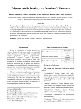 Polymers Used in Dentistry: an Overview of Literature