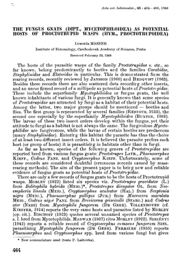 The Fungus Gnats (Dipt., Mycetophiloidea) As Potential Hosts of Proctotrupid Wasps (Iiym., Proctotrupoidea)