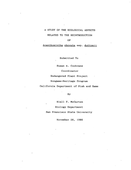 A Study of the Ecological Aspects Related to the Reintroduction of Arctostaphylos Hookeri Ssp