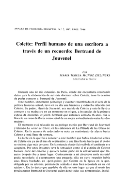 Colette: Perfil Humano De Una Escritora a Través De Un Recuerdo: Bertrand De Jouvenel