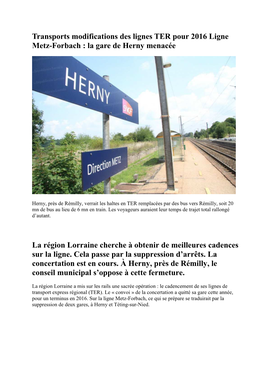 Transports Modifications Des Lignes TER Pour 2016 Ligne Metz-Forbach : La Gare De Herny Menacée