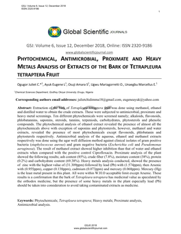 Phytochemical, Antimicrobial, Proximate and Heavy Metals Analysis of Extracts of the Bark of Tetrapleura Tetraptera Fruit