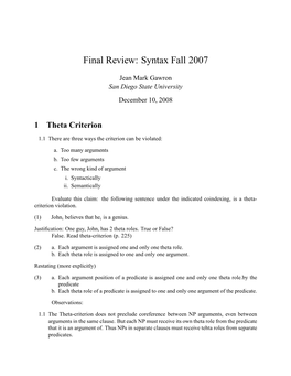 Final Review: Syntax Fall 2007