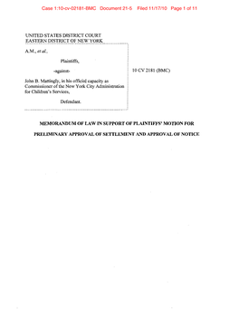 Memorandum of Law in Support of Plaintiffs' Motion for Preliminary Approval of Settlement and Approval O