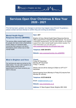 Services Open Over Christmas & New Year 2020