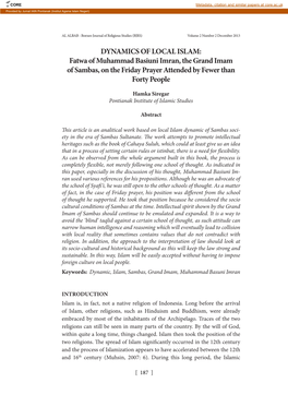 DYNAMICS of LOCAL ISLAM: Fatwa of Muhammad Basiuni Imran, the Grand Imam of Sambas, on the Friday Prayer Attended by Fewer Than Forty People