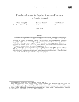 Pseudorandomness for Regular Branching Programs Via Fourier Analysis