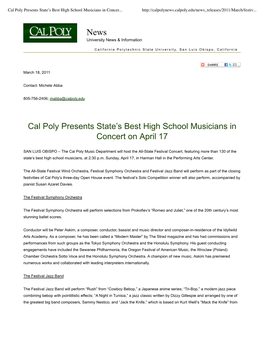 Cal Poly Presents Stateâ•Žs Best High School Musicians in Concert On