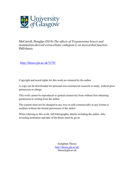 Mccarroll, Douglas (2014) the Effects of Trypanosoma Brucei and Mammalian-Derived Extracellular Cathepsin-L on Myocardial Function