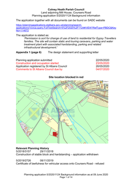 Colney Heath Parish Council Land Adjoining Mill House, Coursers Road Planning Application 5/2020/1124 Background Information