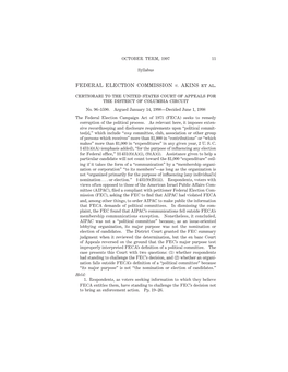 FEDERAL ELECTION COMMISSION V. AKINS Et Al. Certiorari to the United States Court of Appeals for the District of Columbia Circuit