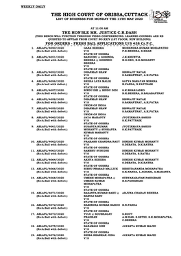 The High Court of Orissa,Cuttack List of Business for Monday the 11Th May 2020