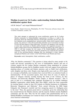 Muslims in Post-War Sri Lanka: Understanding Sinhala-Buddhist Mobilization Against Them A.R.M