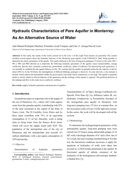 Hydraulic Characteristics of Pore Aquifer in Monterrey: As an Alternative Source of Water