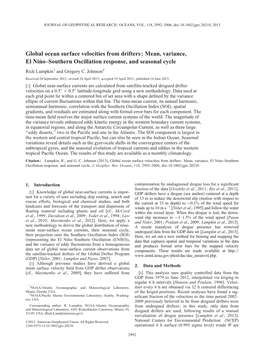 Global Ocean Surface Velocities from Drifters: Mean, Variance, El Nino–Southern~ Oscillation Response, and Seasonal Cycle Rick Lumpkin1 and Gregory C