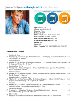 Johnny Hallyday Anthologie Vol. 3 Mp3, Flac, Wma