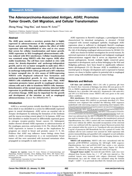 The Adenocarcinoma-Associated Antigen, AGR2, Promotes Tumor Growth, Cell Migration, and Cellular Transformation