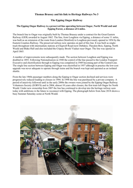 Thomas Brassey and His Link to Heritage Railways No 3 the Epping