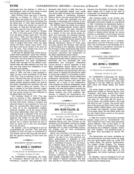 CONGRESSIONAL RECORD — Extensions of Remarks October 16, 2012 Discharged from the Marines in 1948 As a Monticello High School in 1989