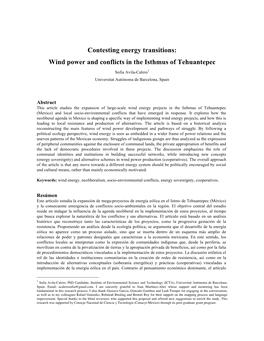 Contesting Energy Transitions: Wind Power and Conflicts in the Isthmus of Tehuantepec