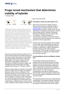 Frogs Reveal Mechanism That Determines Viability of Hybrids 11 January 2018