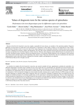 Values of Diagnostic Tests for the Various Species of Spirochetes