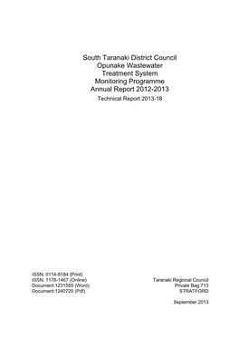 South Taranaki District Council Opunake Wastewater Treatment System Monitoring Programme Annual Report 2012-2013 Technical Report 2013-18