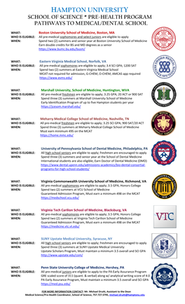 School of Science * Pre-Health Program Pathways to Medical/Dental School