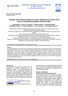 Isolation and Characterization of a New Streptomyces Strain LG10 from an Unexploited Algerian Saharan Atlas