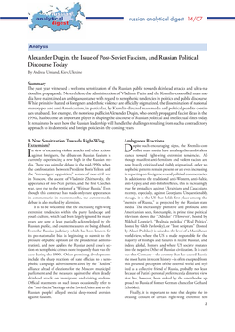 Russian Analytical Digest 14/07 Alexander Dugin, the Issue of Post-Soviet Fascism, and Russian Political Discourse Today