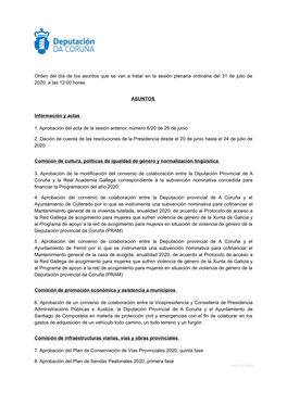 Orden Del Día De Los Asuntos Que Se Van a Tratar En La Sesión Plenaria Ordinaria Del 31 De Julio De 2020, a Las 12:00 Horas