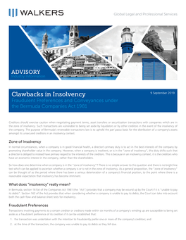 Clawbacks in Insolvency 9 September 2019 Fraudulent Preferences and Conveyances Under the Bermuda Companies Act 1981