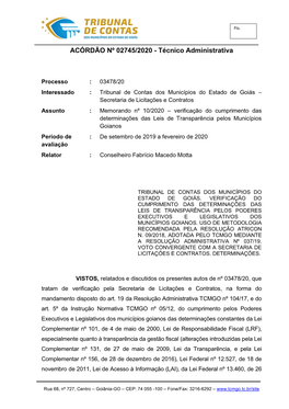 Acórdão Tcm 02745-2020 Ranking Transparência Municipios Goianos