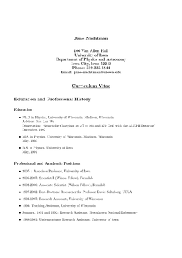 Jane Nachtman Curriculum Vitae Education and Professional History