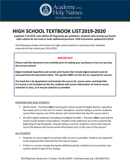 HIGH SCHOOL TEXTBOOK LIST 2019-2020 (Updated 7-23-2019, New Edition AP Hug Books Per Publishers