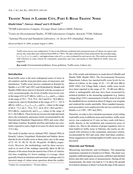 Introduction TRAFFIC NOISE in LAHORE CITY, PART I: ROAD