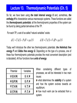 Lecture 13. Thermodynamic Potentials (Ch